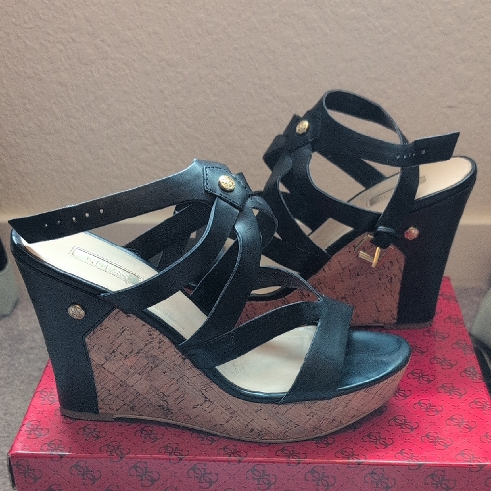 Guess Black and Brown Wedge Sandals with Strappy Design